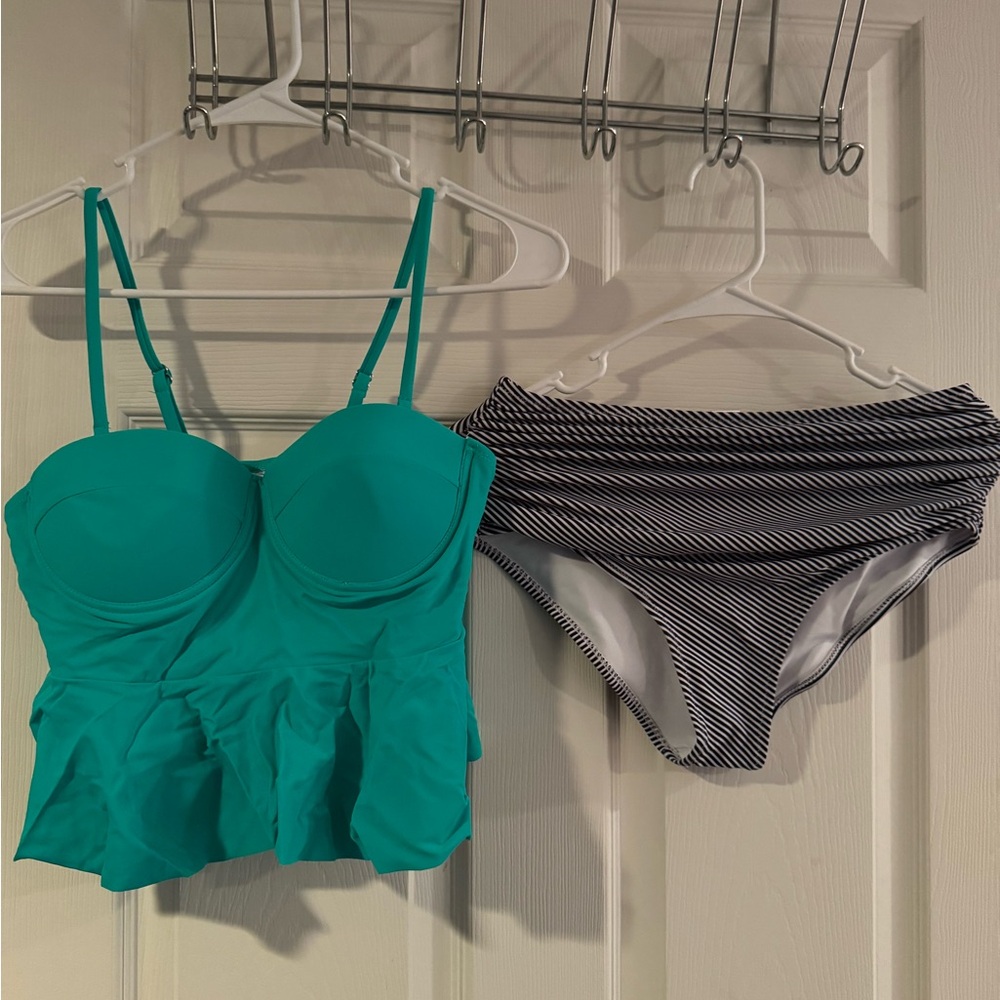 Teal Bikini Top and Striped Bottom Set, Medium
